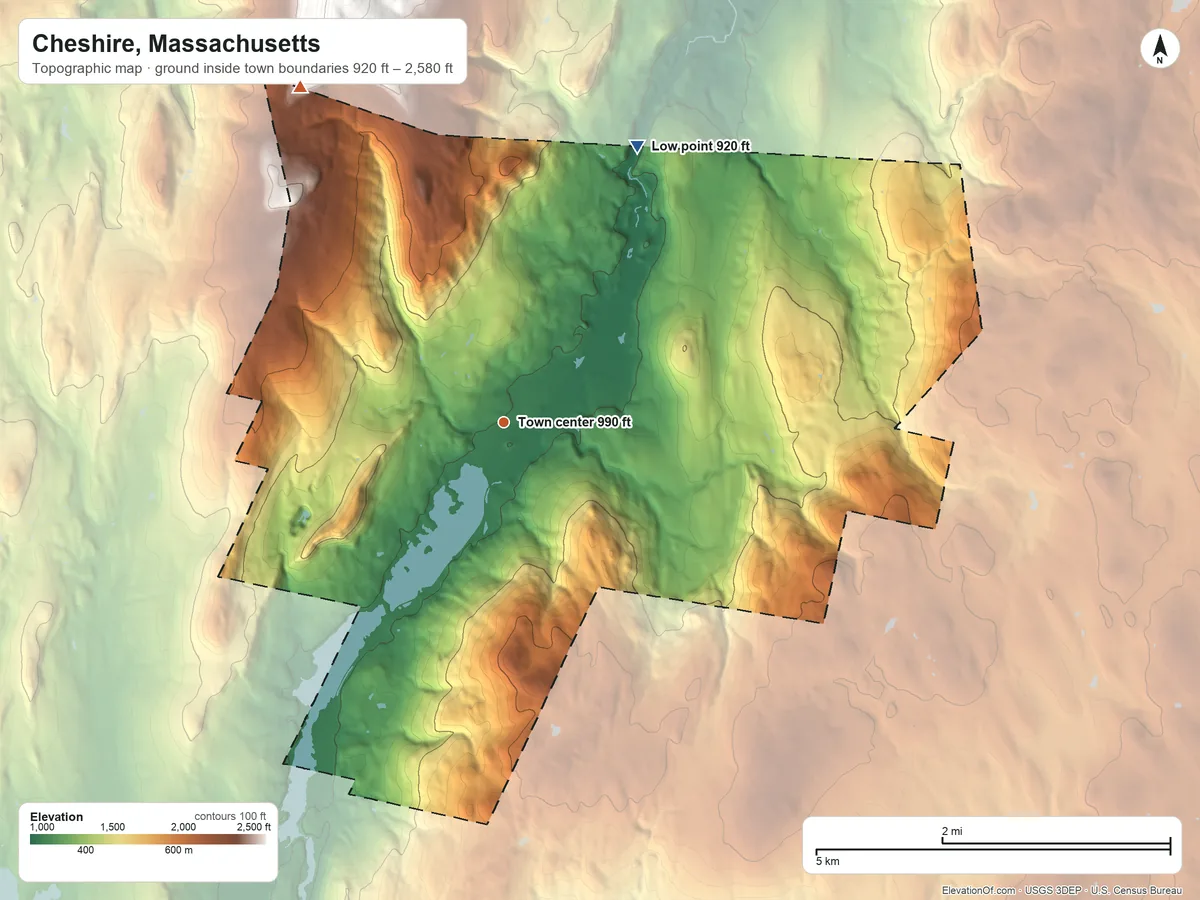 Topographic elevation map of Cheshire, Massachusetts, shaded from 920 ft on the northeast side to 2,580 ft at the foot of the Greylock Range