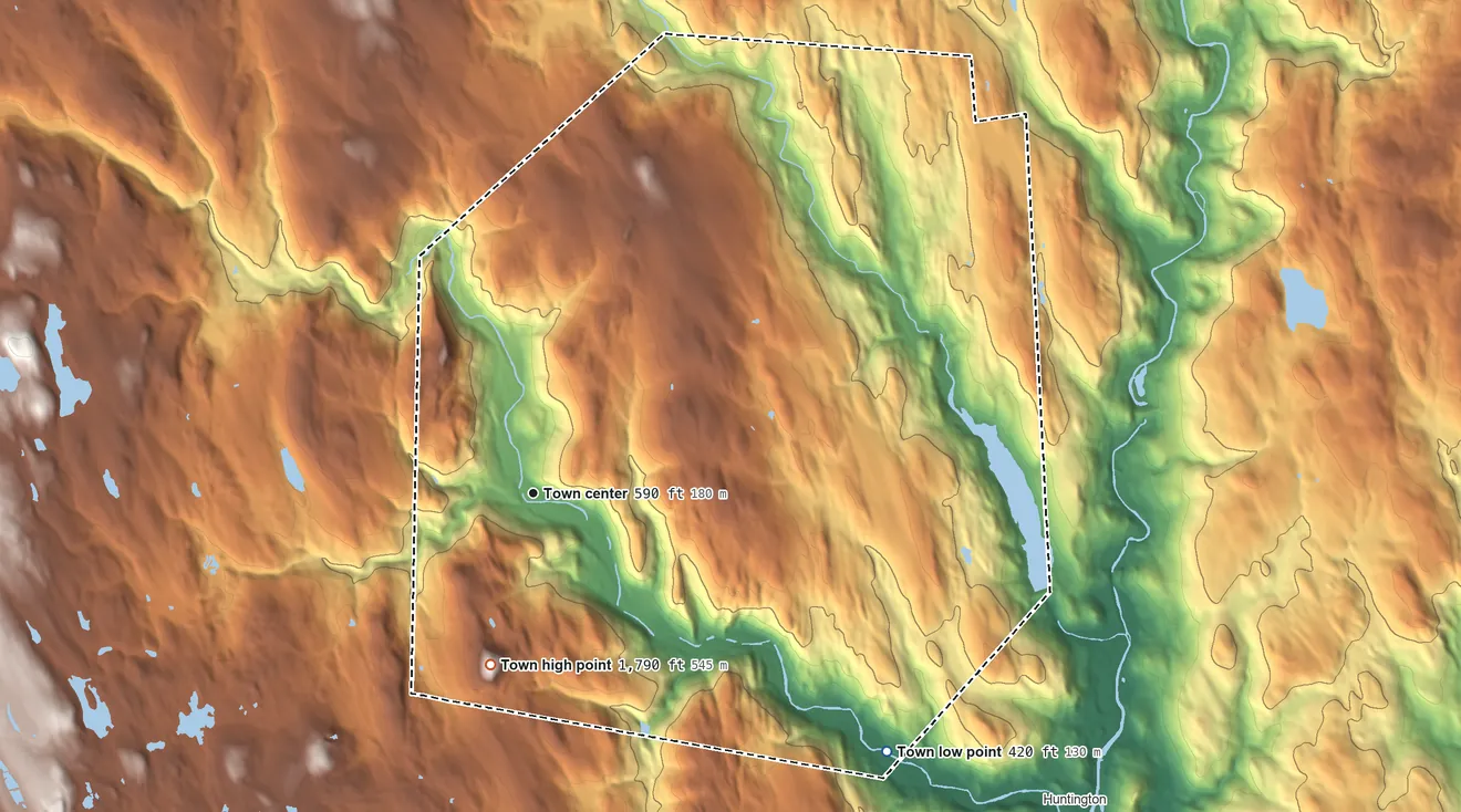 Topographic elevation map of Chester, Massachusetts, shaded from 420 ft on the southeast side to 1,793 ft on Round Top Hill