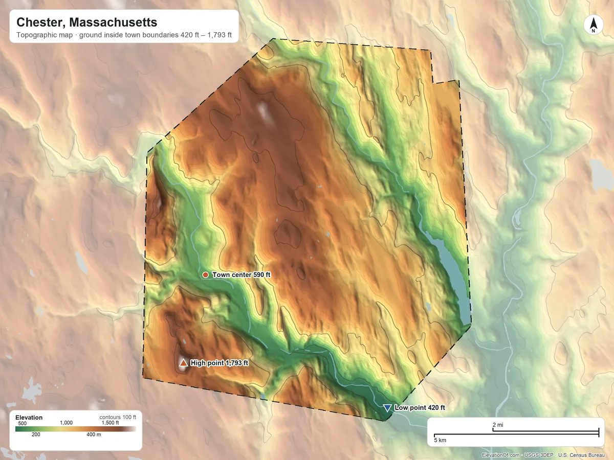 Topographic elevation map of Chester, Massachusetts, shaded from 420 ft on the southeast side to 1,793 ft on Round Top Hill