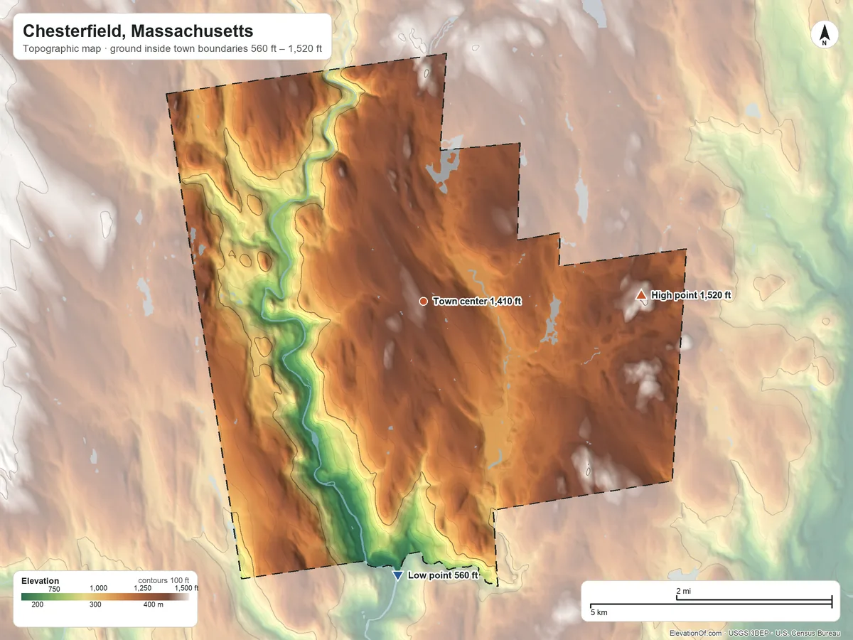 Topographic elevation map of Chesterfield, Massachusetts, shaded from 560 ft on the south side to 1,520 ft on Ram Hill