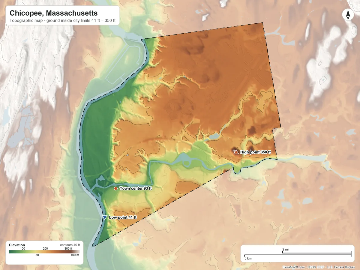 Topographic elevation map of Chicopee, Massachusetts, shaded from 41 ft on the south side to 350 ft on the east side