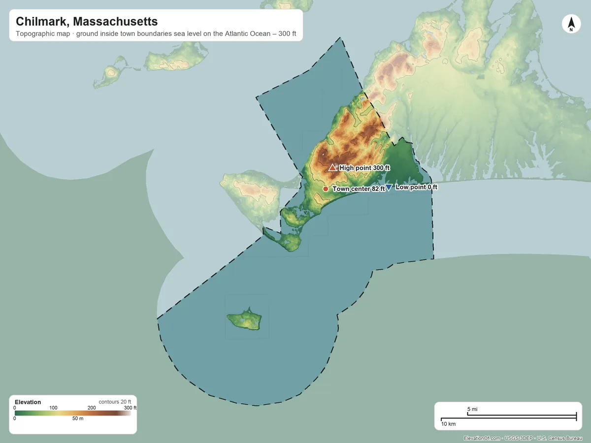 Topographic elevation map of Chilmark, Massachusetts, shaded from sea level level on the Atlantic Ocean to 300 ft on Peaked Hill