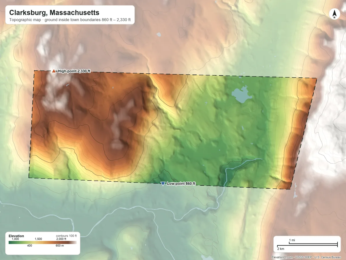 Topographic elevation map of Clarksburg, Massachusetts, shaded from 860 ft on the southwest side to 2,330 ft on the west side