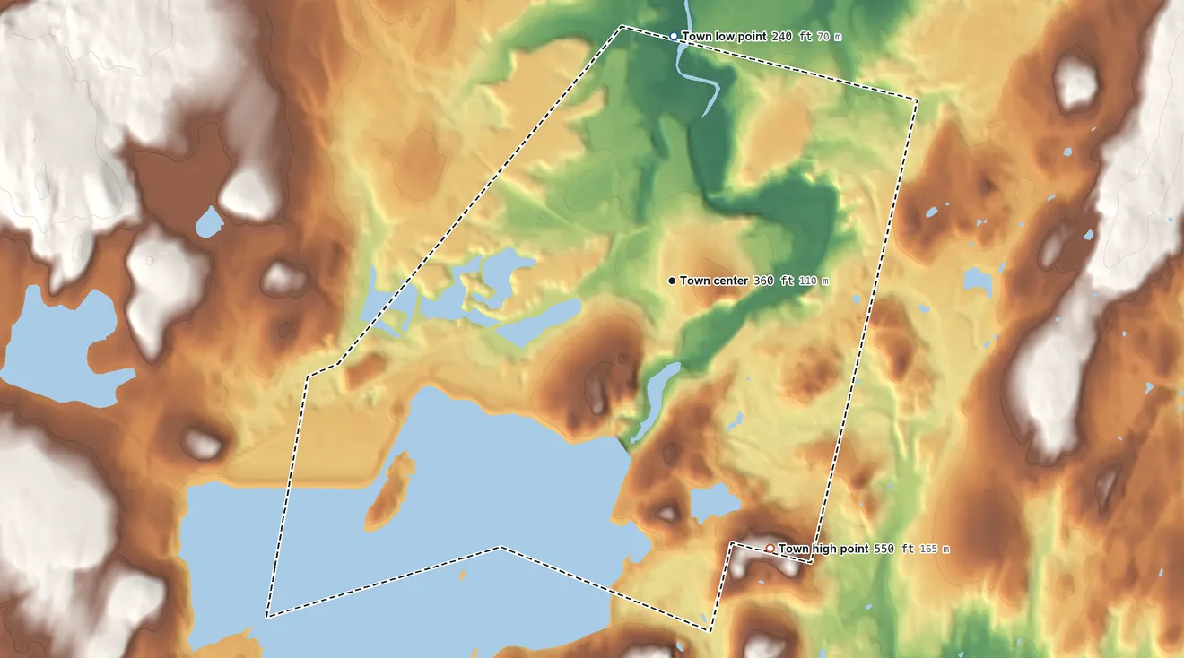 Topographic elevation map of Clinton, Massachusetts, shaded from 240 ft on the north side to 550 ft on the south edge, below higher ground just outside