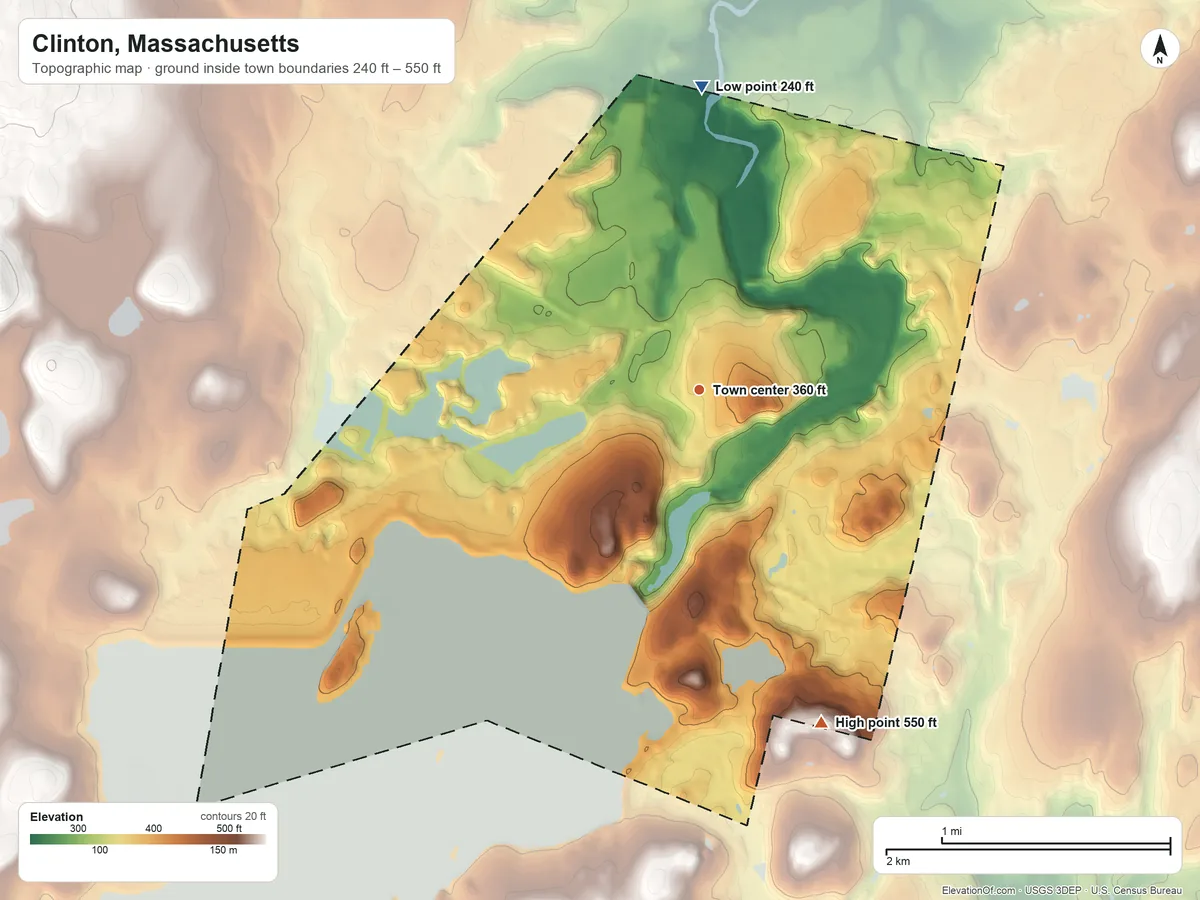 Topographic elevation map of Clinton, Massachusetts, shaded from 240 ft on the north side to 550 ft on the south edge, below higher ground just outside