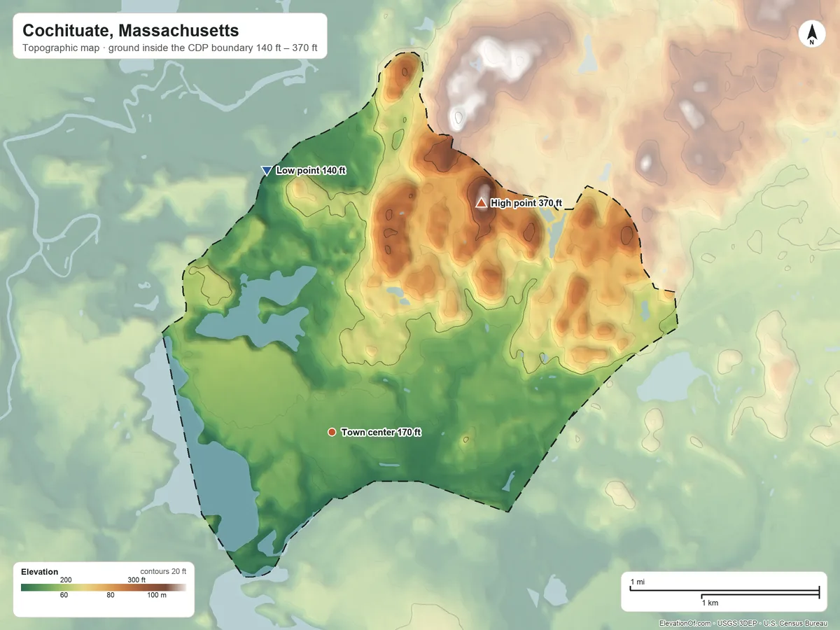 Topographic elevation map of Cochituate, Massachusetts, shaded from 140 ft on the north side to 370 ft on the northeast side