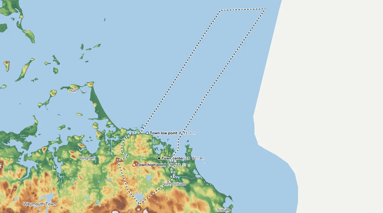 Topographic elevation map of Cohasset, Massachusetts, shaded from sea level level on Massachusetts Bay to 190 ft on the west side