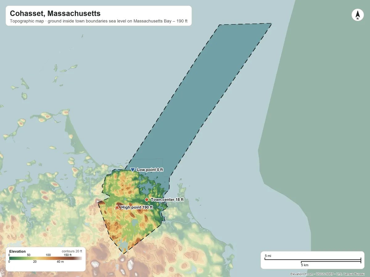 Topographic elevation map of Cohasset, Massachusetts, shaded from sea level level on Massachusetts Bay to 190 ft on the west side