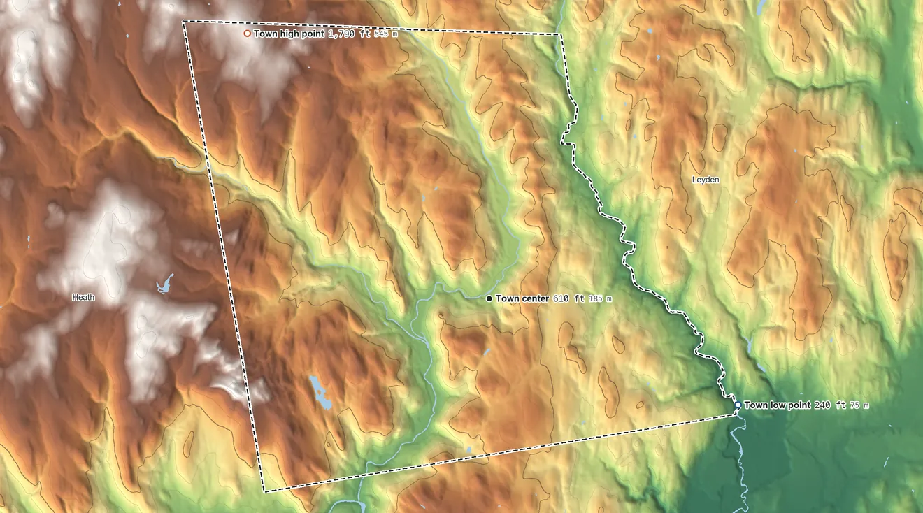 Topographic elevation map of Colrain, Massachusetts, shaded from 240 ft on the southeast side to 1,790 ft on the northwest side
