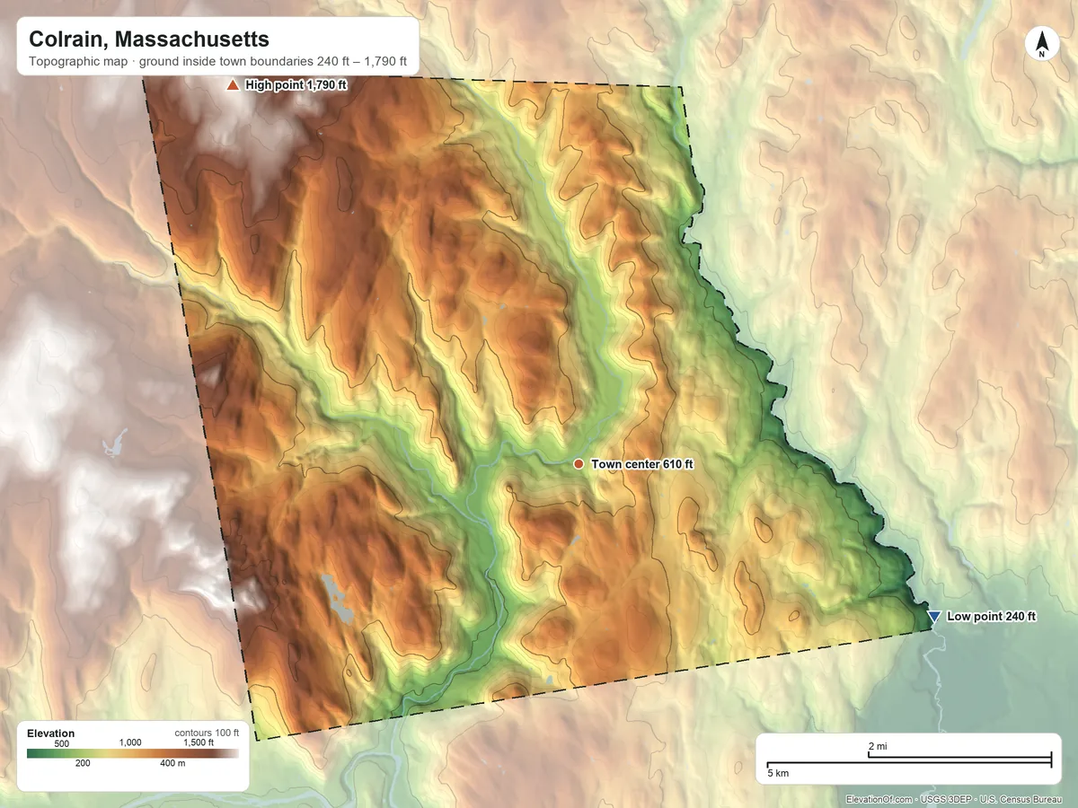 Topographic elevation map of Colrain, Massachusetts, shaded from 240 ft on the southeast side to 1,790 ft on the northwest side