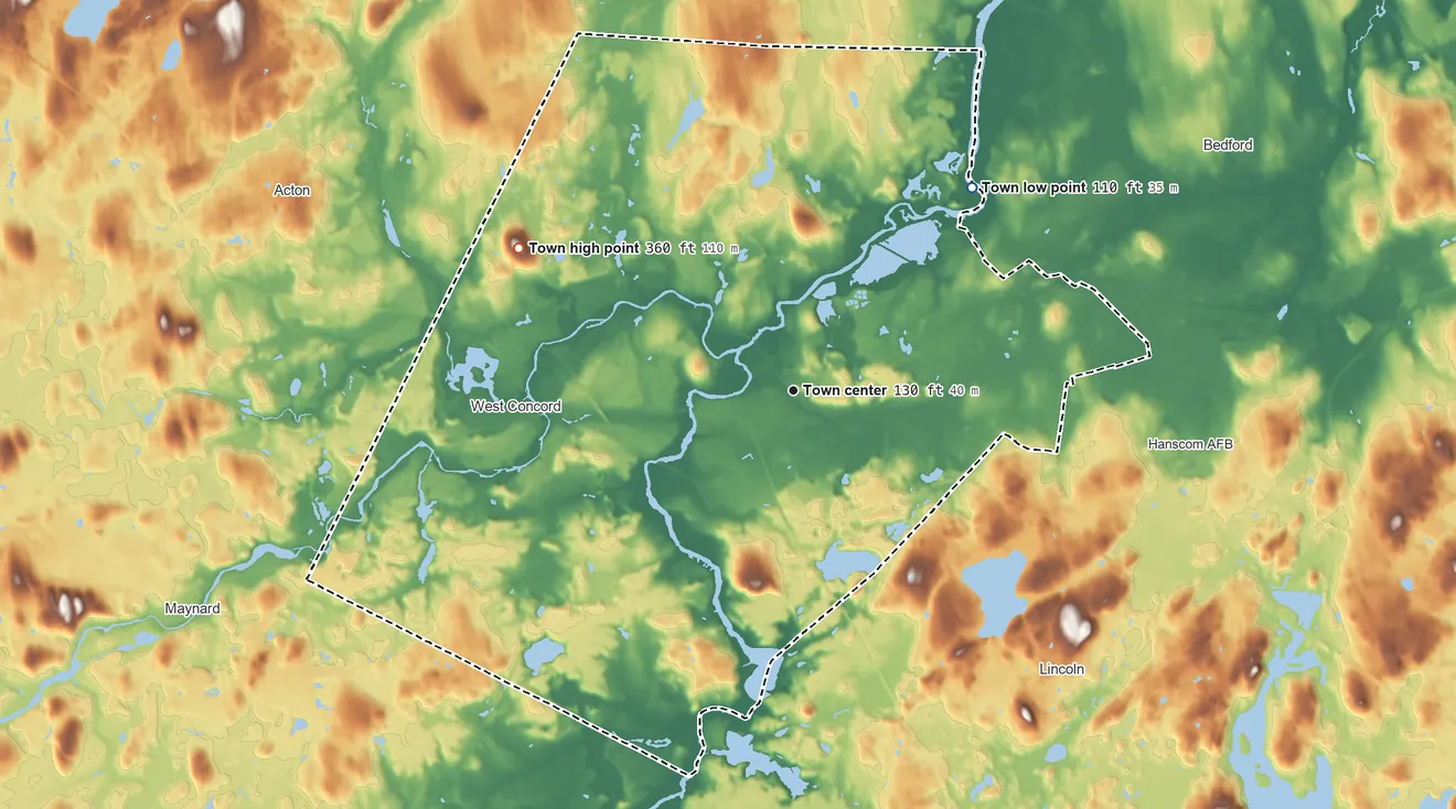 Topographic elevation map of Concord, Massachusetts, shaded from 110 ft on the northeast side to 360 ft on Annursnac Hill