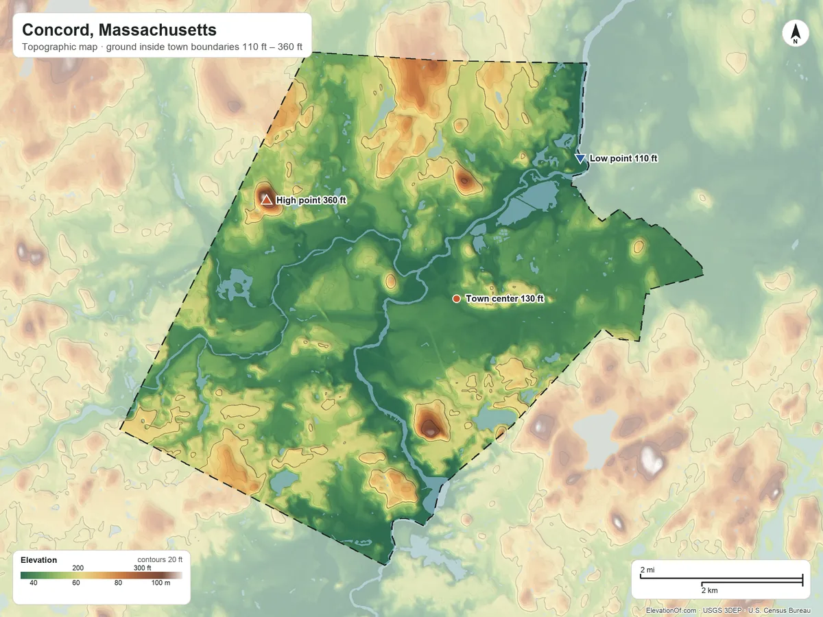 Topographic elevation map of Concord, Massachusetts, shaded from 110 ft on the northeast side to 360 ft on Annursnac Hill