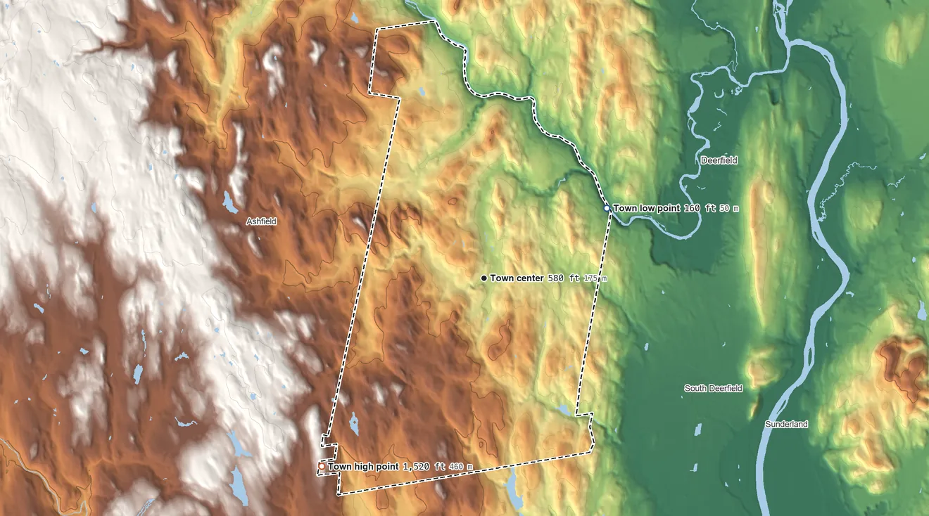 Topographic elevation map of Conway, Massachusetts, shaded from 160 ft on the northeast side to 1,520 ft on the southwest side