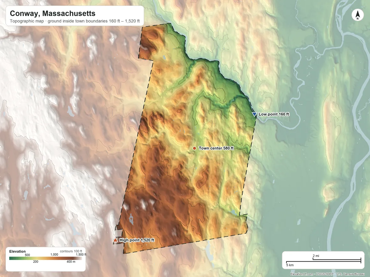 Topographic elevation map of Conway, Massachusetts, shaded from 160 ft on the northeast side to 1,520 ft on the southwest side