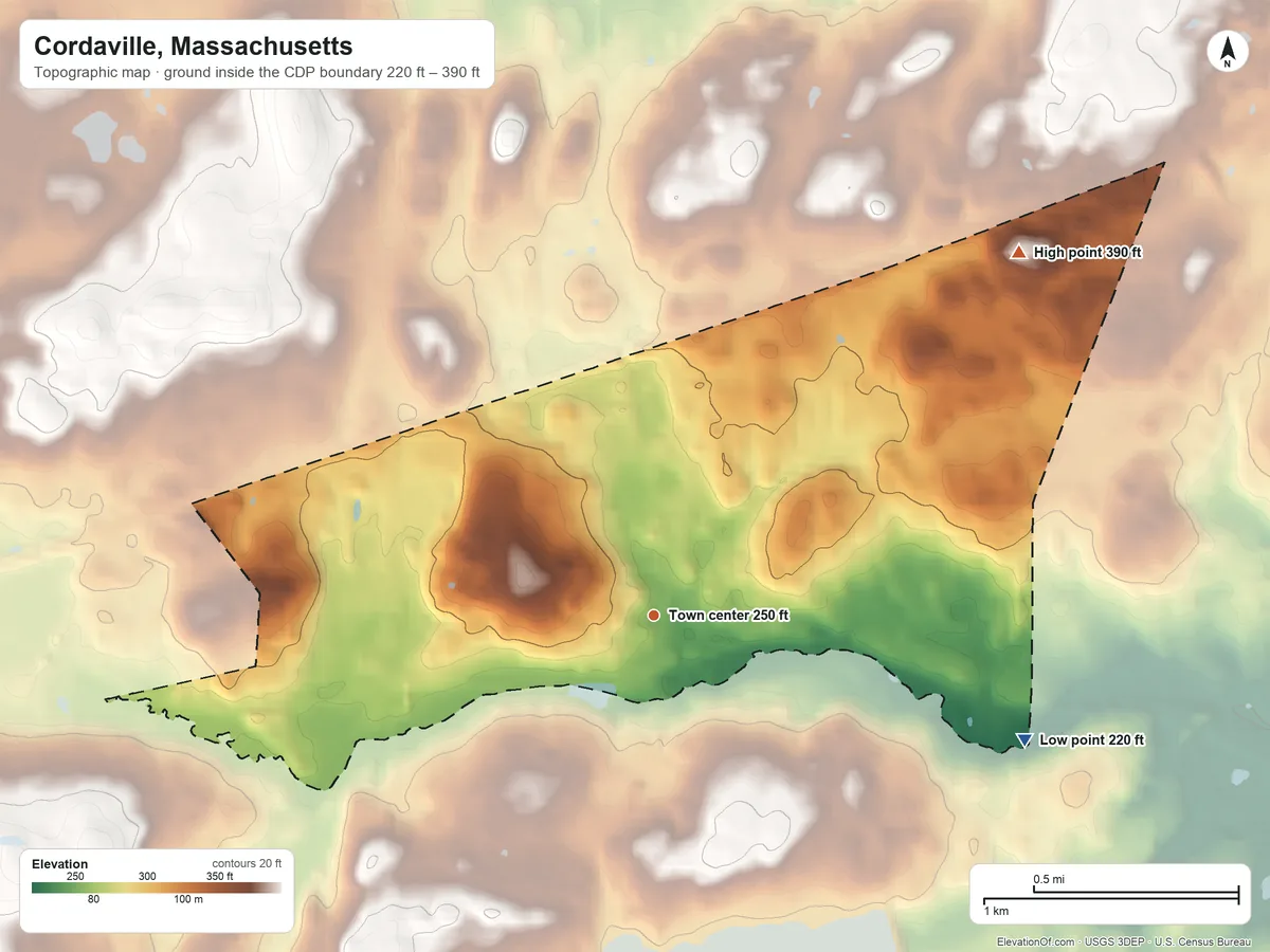 Topographic elevation map of Cordaville, Massachusetts, shaded from 220 ft on the east side to 390 ft on the northeast side