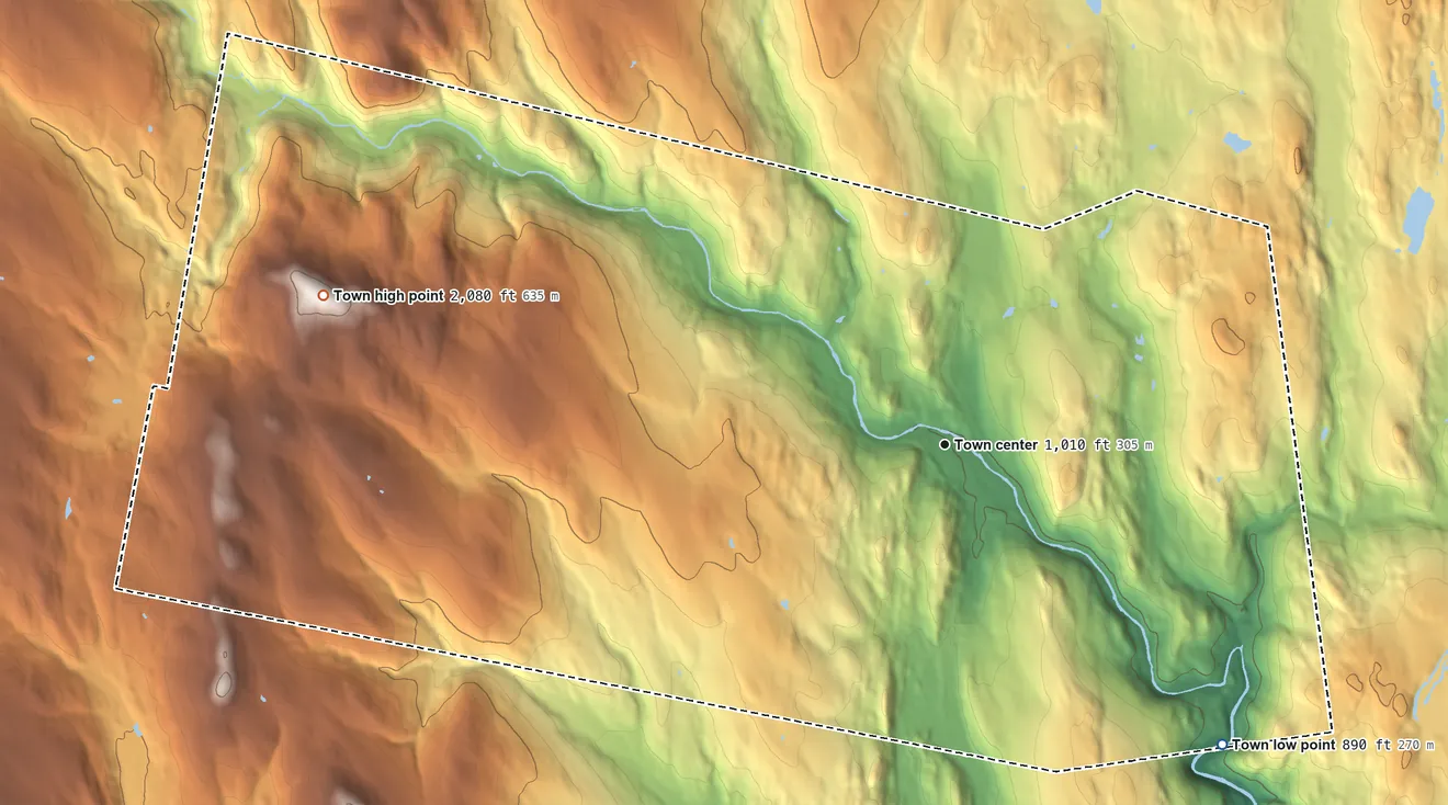 Topographic elevation map of Cummington, Massachusetts, shaded from 890 ft on the southeast side to 2,080 ft on Bryant Mountain