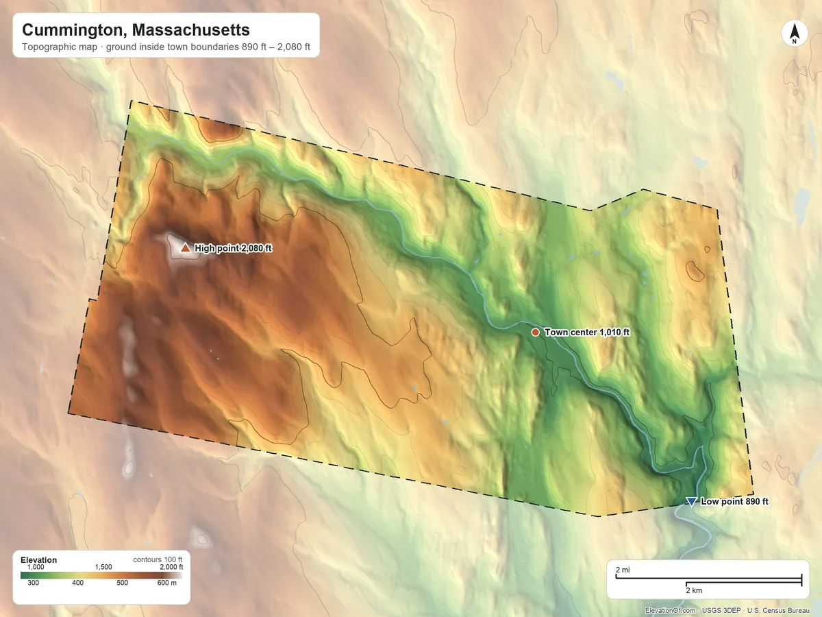 Topographic elevation map of Cummington, Massachusetts, shaded from 890 ft on the southeast side to 2,080 ft on Bryant Mountain