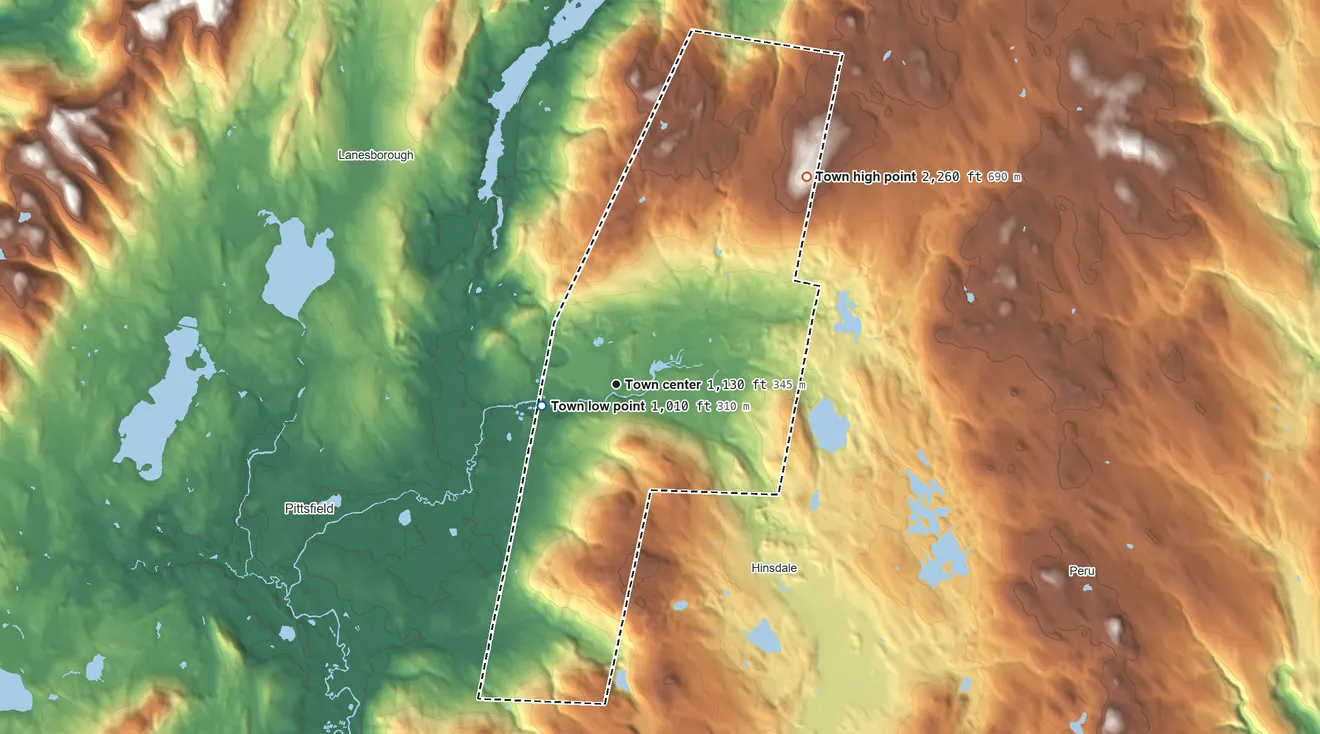 Topographic elevation map of Dalton, Massachusetts, shaded from 1,010 ft on the west side to 2,259 ft on Weston Mountain