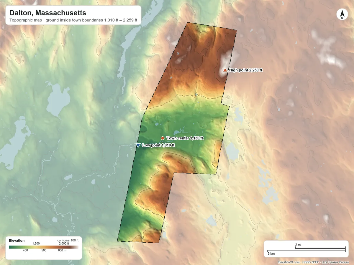 Topographic elevation map of Dalton, Massachusetts, shaded from 1,010 ft on the west side to 2,259 ft on Weston Mountain