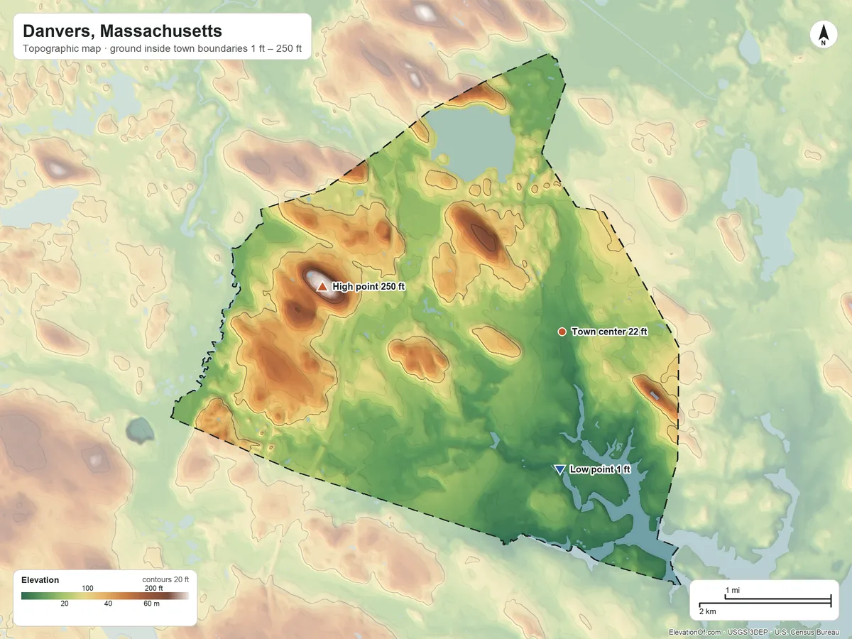 Topographic elevation map of Danvers, Massachusetts, shaded from 1 ft on the south side to 250 ft on the west side