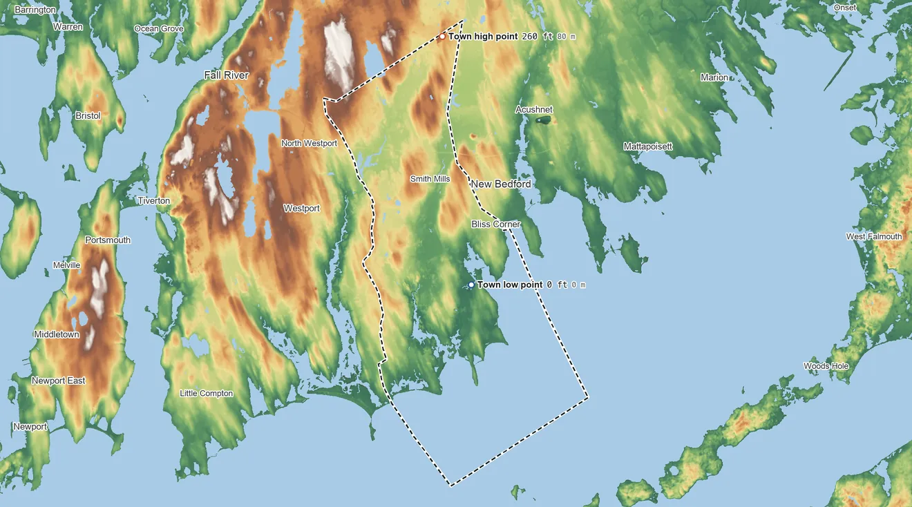 Topographic elevation map of Dartmouth, Massachusetts, shaded from sea level level on the Apponagansett River to 260 ft on the north side