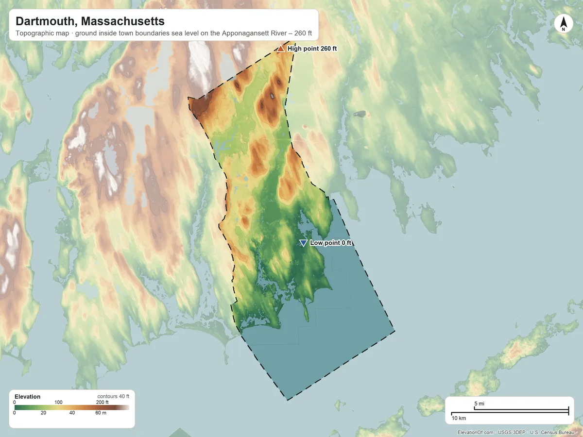 Topographic elevation map of Dartmouth, Massachusetts, shaded from sea level level on the Apponagansett River to 260 ft on the north side