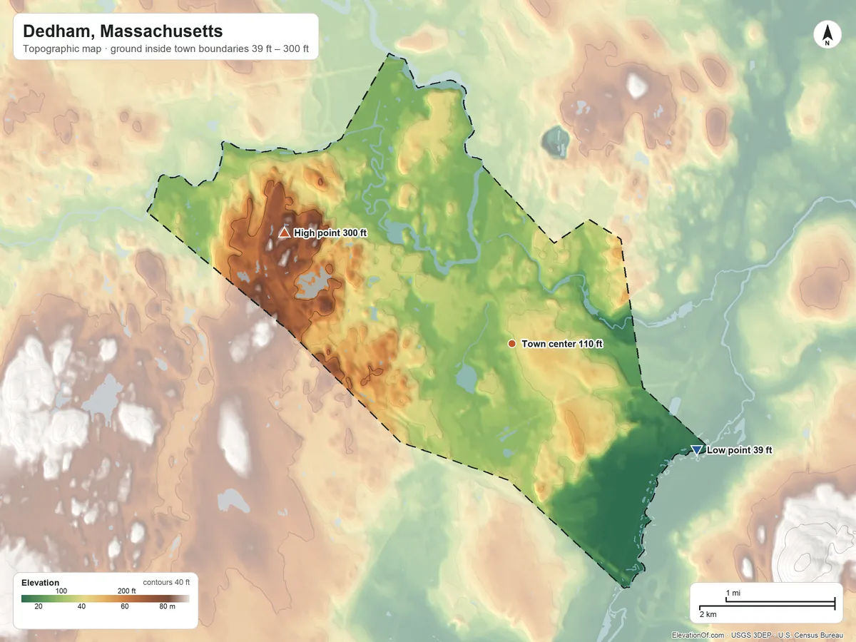 Topographic elevation map of Dedham, Massachusetts, shaded from 39 ft on the southeast side to 300 ft on the northwest side