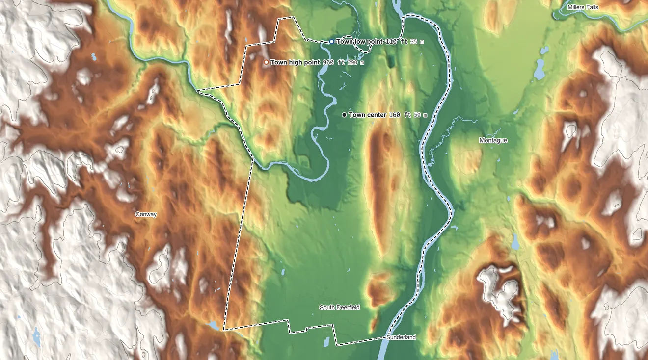 Topographic elevation map of Deerfield, Massachusetts, shaded from 110 ft on the north side to 960 ft on Arthurs Seat