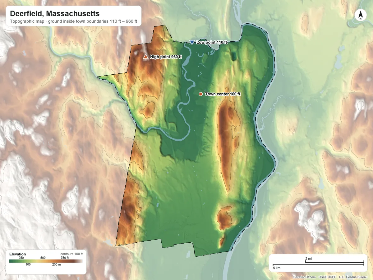 Topographic elevation map of Deerfield, Massachusetts, shaded from 110 ft on the north side to 960 ft on Arthurs Seat