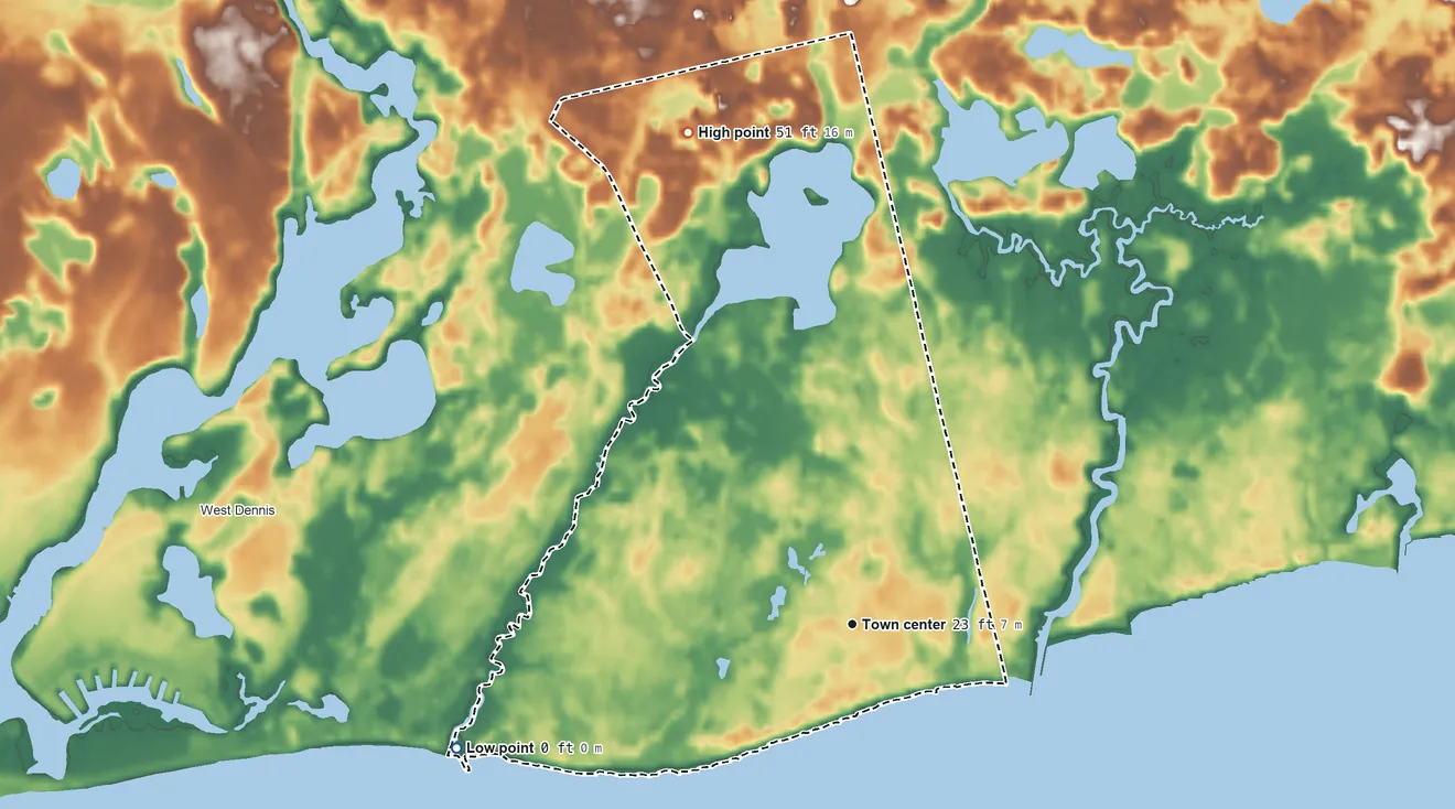 Topographic elevation map of Dennis Port, Massachusetts, shaded from sea level level on Nantucket Sound to 51 ft on the north side