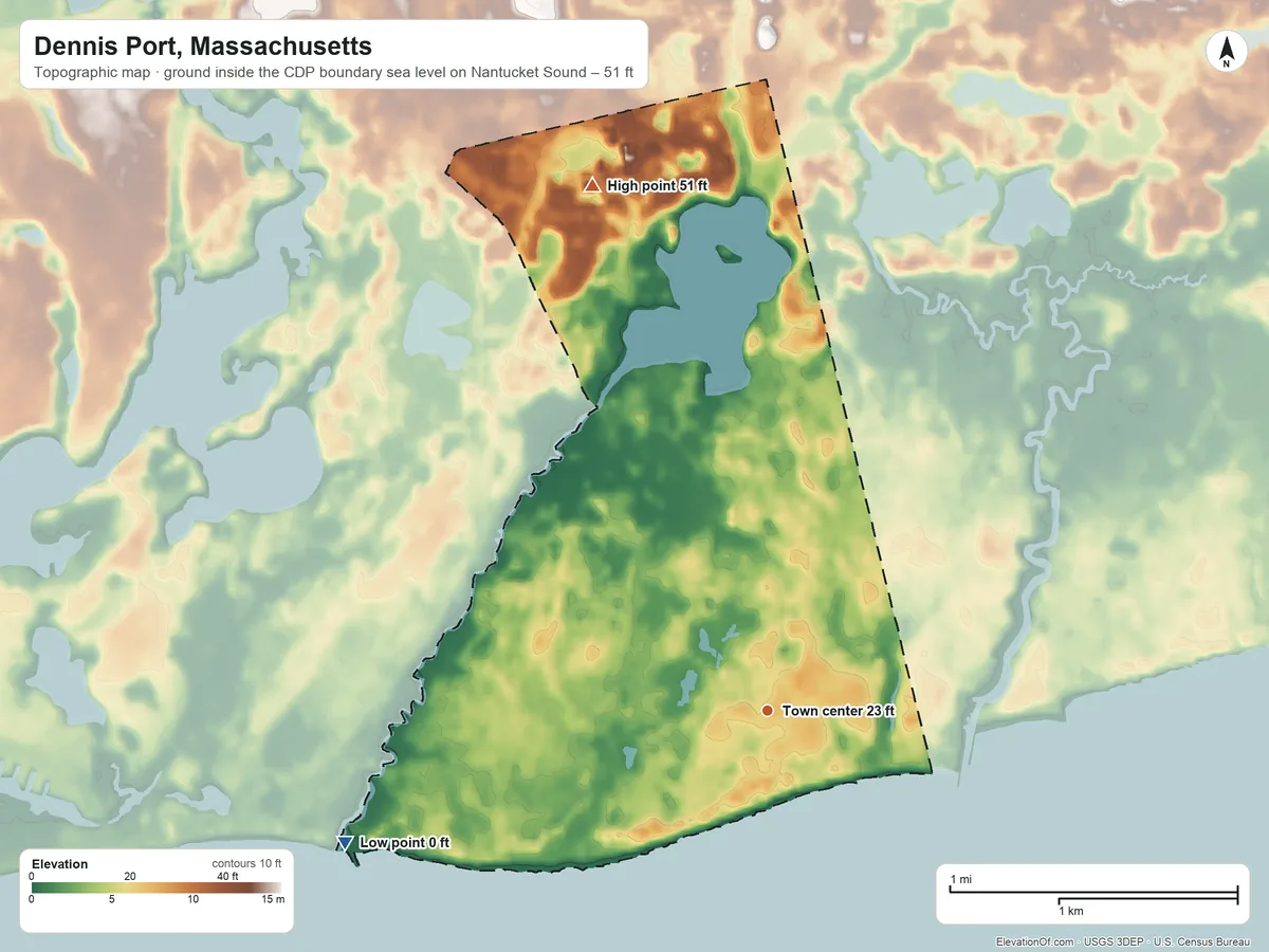 Topographic elevation map of Dennis Port, Massachusetts, shaded from sea level level on Nantucket Sound to 51 ft on the north side