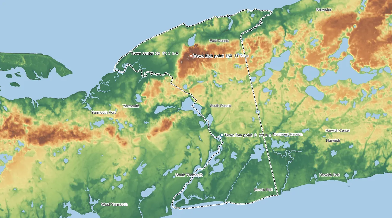 Topographic elevation map of Dennis, Massachusetts, shaded from sea level level on the Bass River to 160 ft near the middle