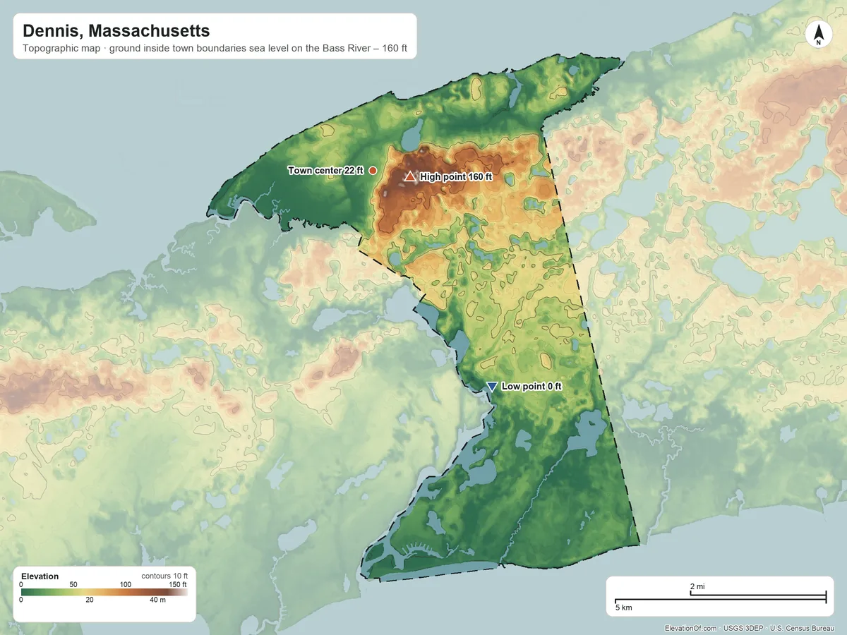 Topographic elevation map of Dennis, Massachusetts, shaded from sea level level on the Bass River to 160 ft near the middle