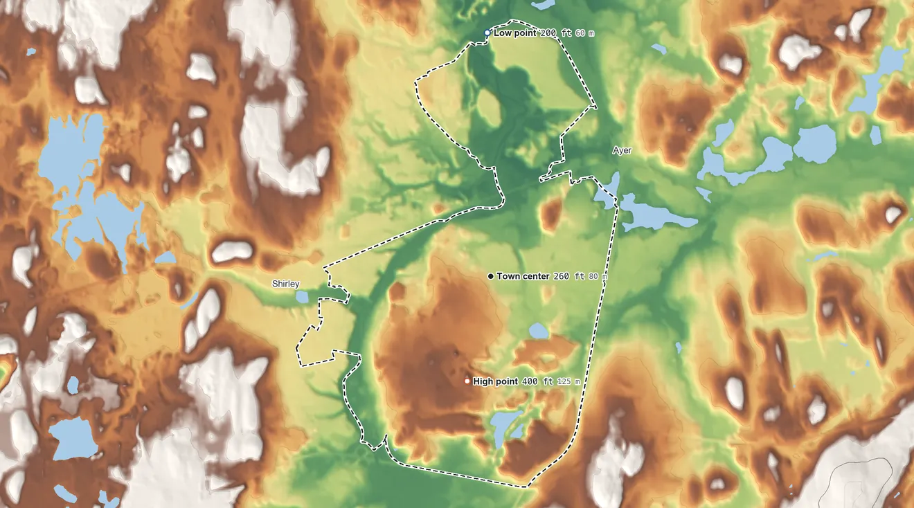 Topographic elevation map of Devens, Massachusetts, shaded from 200 ft on the north side to 400 ft on the south side