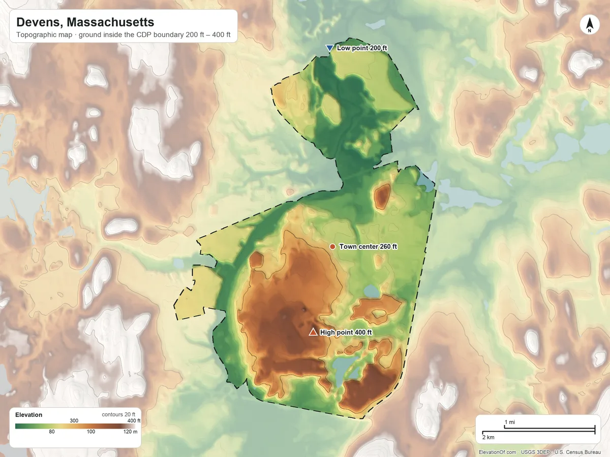 Topographic elevation map of Devens, Massachusetts, shaded from 200 ft on the north side to 400 ft on the south side