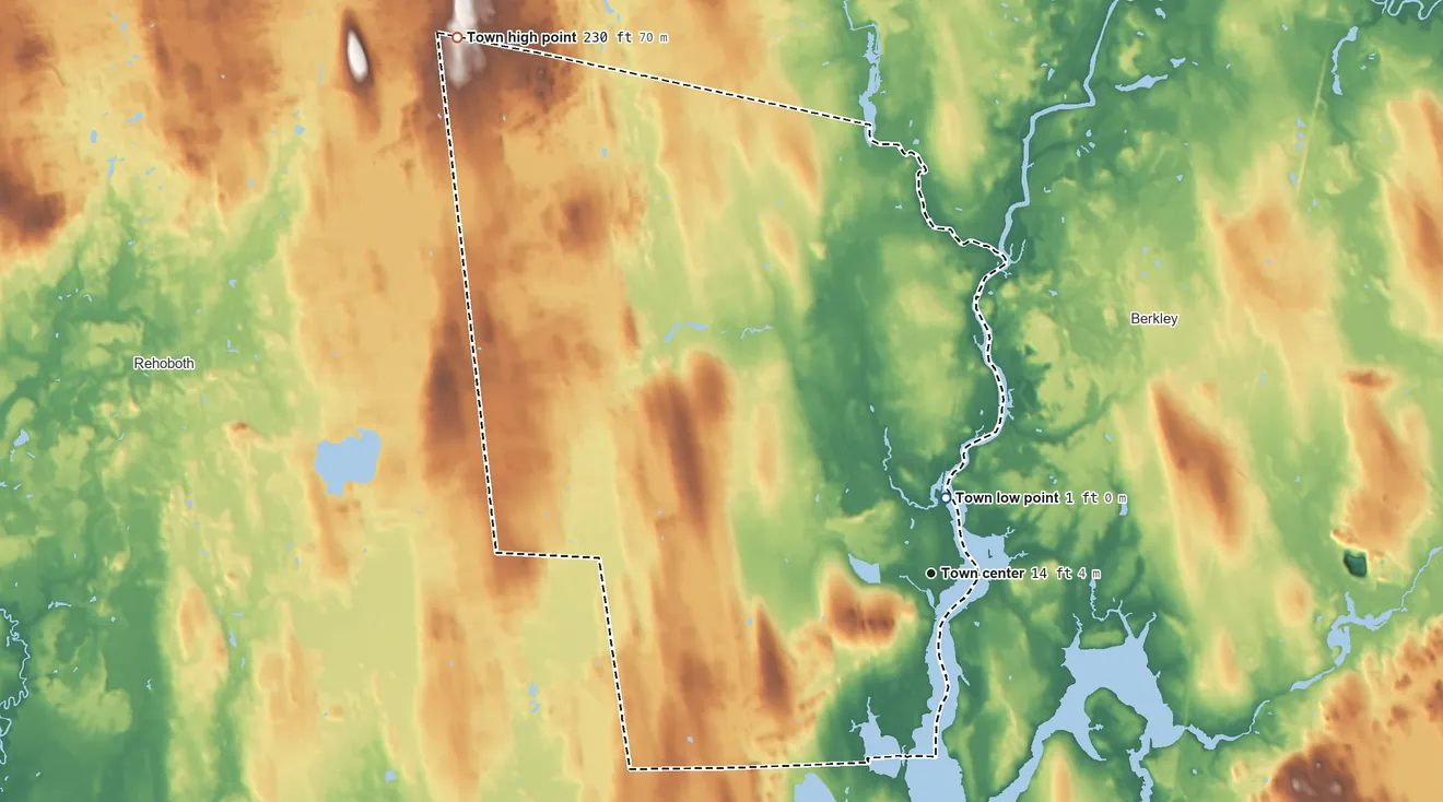 Topographic elevation map of Dighton, Massachusetts, shaded from 1 ft near the middle to 230 ft on the northwest side