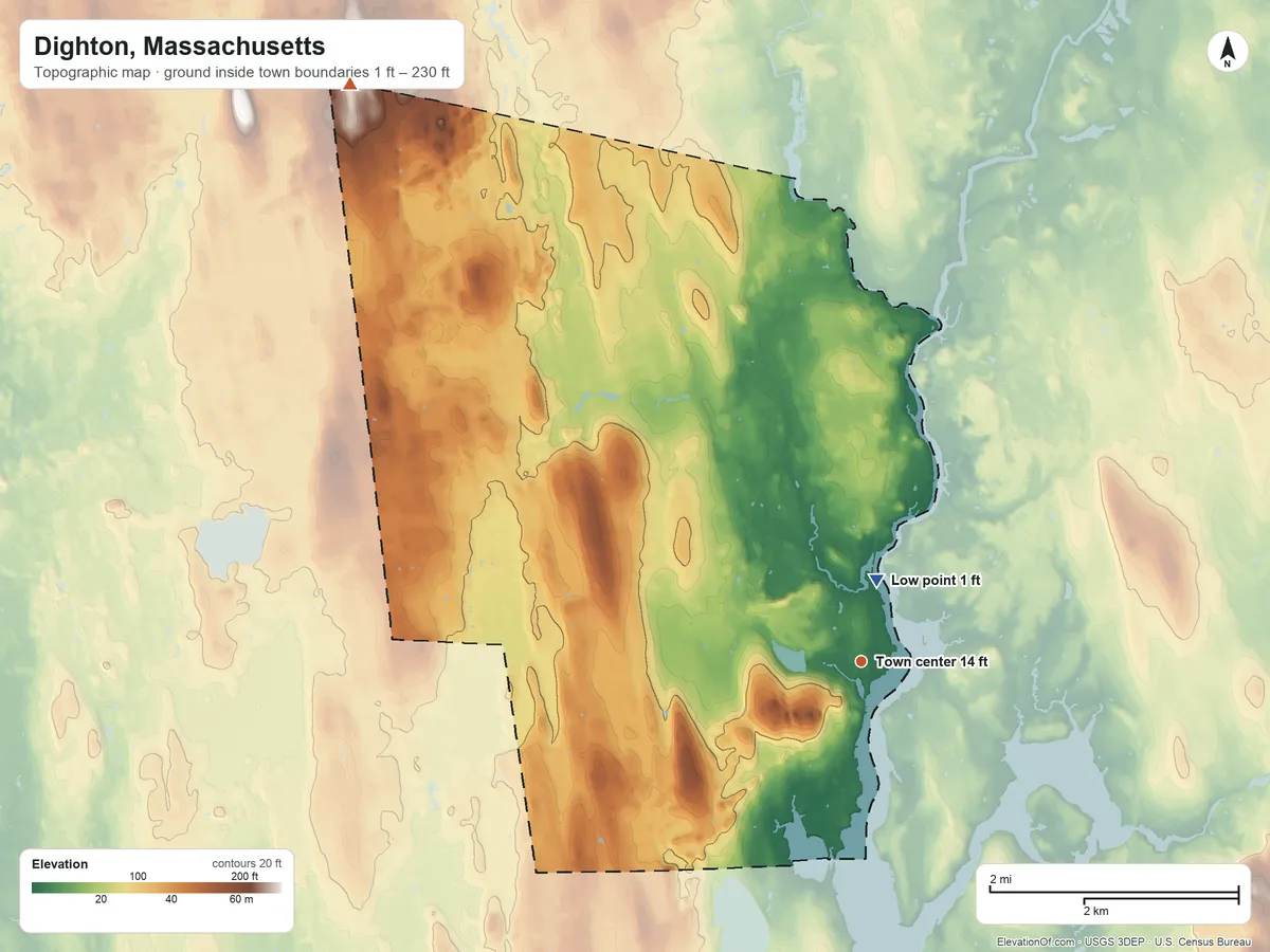 Topographic elevation map of Dighton, Massachusetts, shaded from 1 ft near the middle to 230 ft on the northwest side