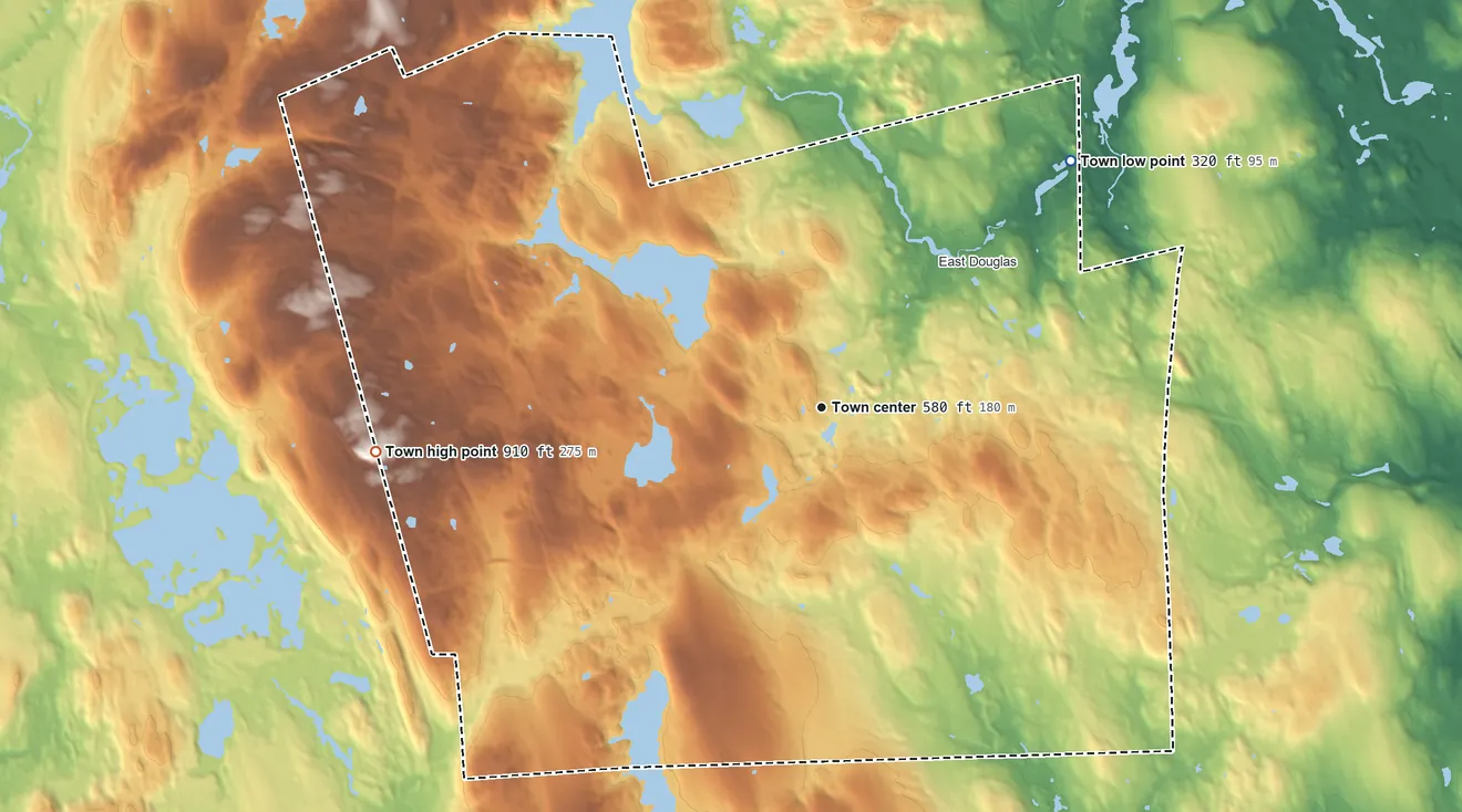 Topographic elevation map of Douglas, Massachusetts, shaded from 320 ft on the northeast side to 910 ft on the west edge, below higher ground just outside