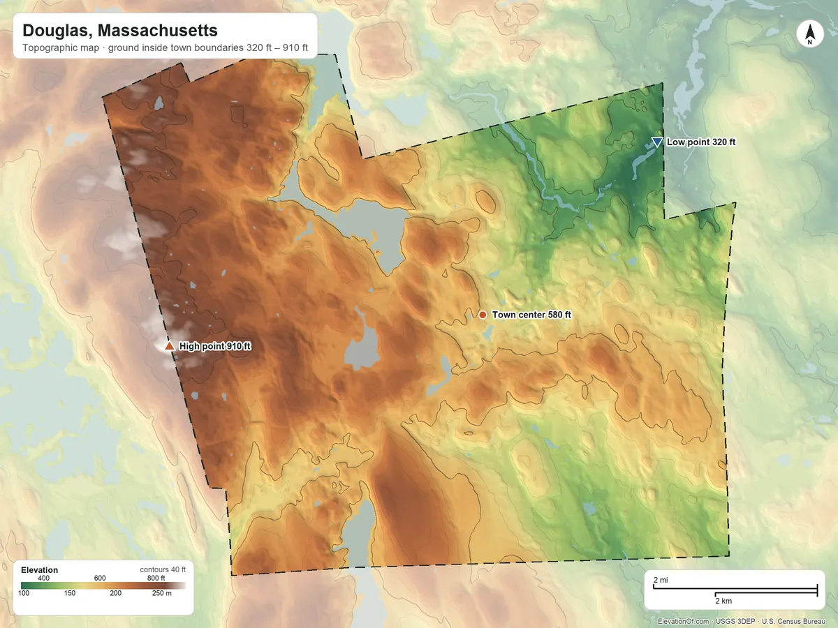 Topographic elevation map of Douglas, Massachusetts, shaded from 320 ft on the northeast side to 910 ft on the west edge, below higher ground just outside