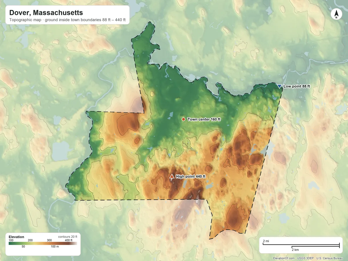 Topographic elevation map of Dover, Massachusetts, shaded from 88 ft on the east side to 440 ft on Snow Hill