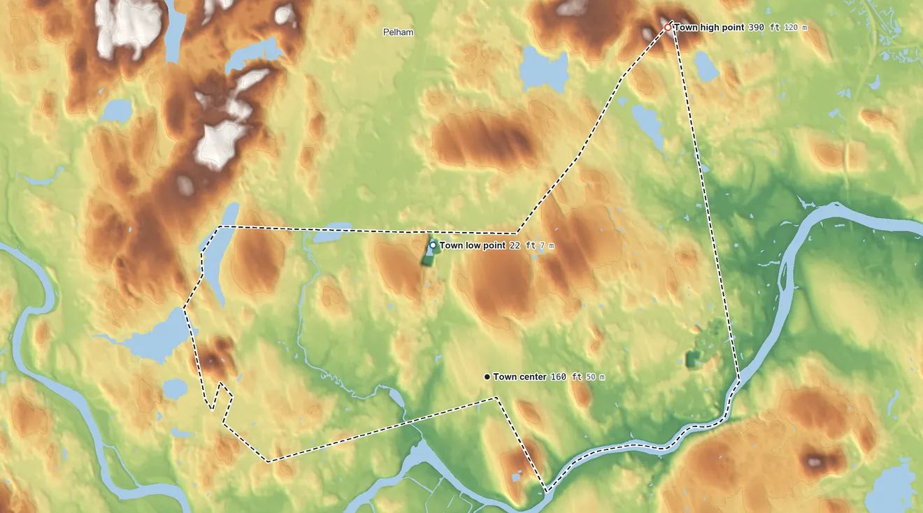 Topographic elevation map of Dracut, Massachusetts, shaded from 22 ft on the north side to 390 ft on Poplar Hill