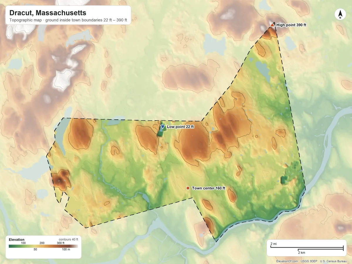 Topographic elevation map of Dracut, Massachusetts, shaded from 22 ft on the north side to 390 ft on Poplar Hill