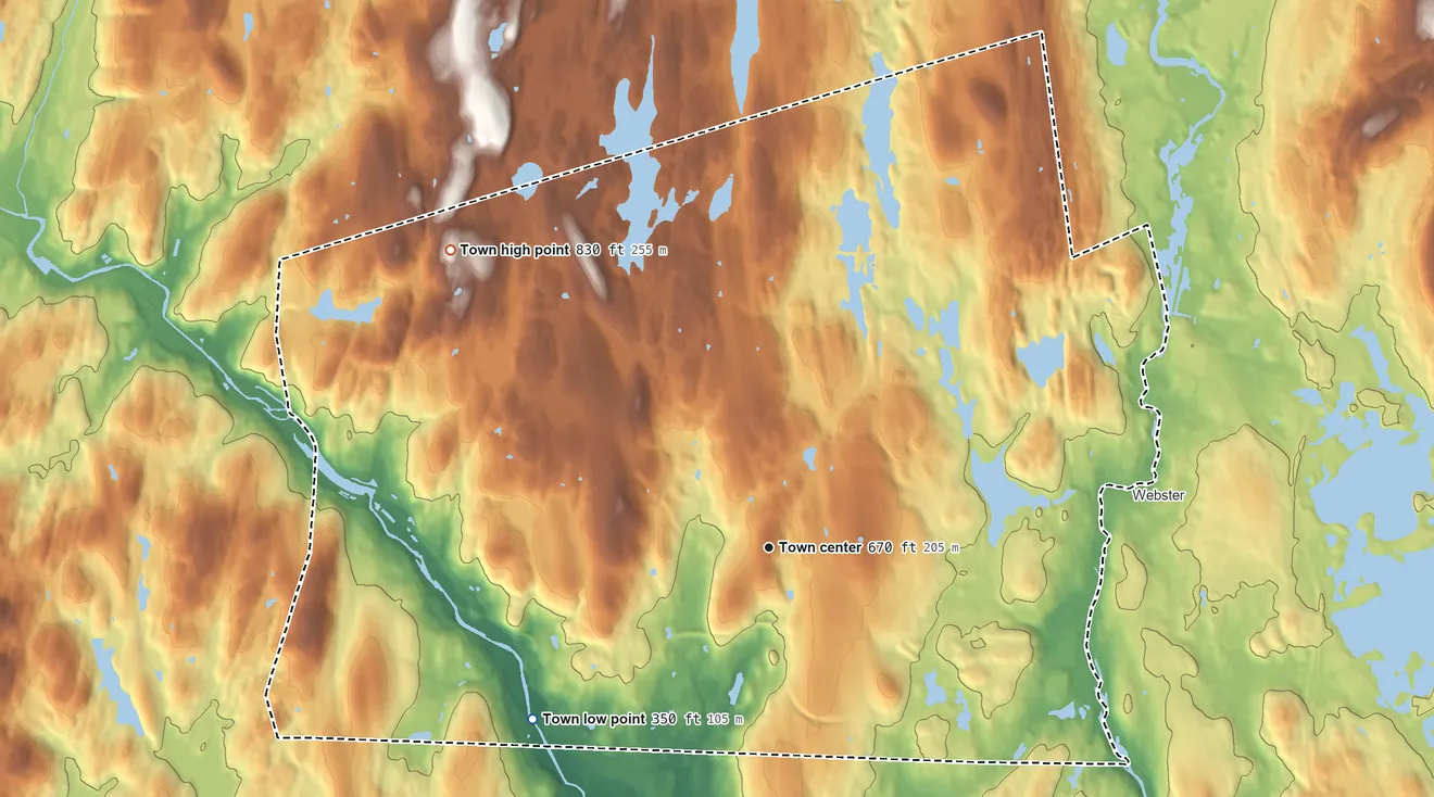 Topographic elevation map of Dudley, Massachusetts, shaded from 350 ft on the southwest side to 830 ft on the northwest side