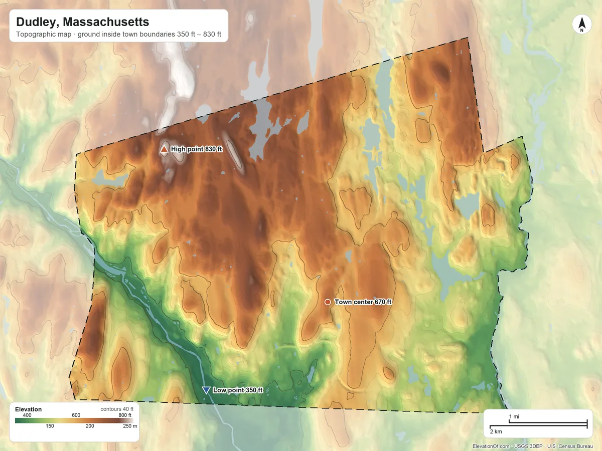 Topographic elevation map of Dudley, Massachusetts, shaded from 350 ft on the southwest side to 830 ft on the northwest side