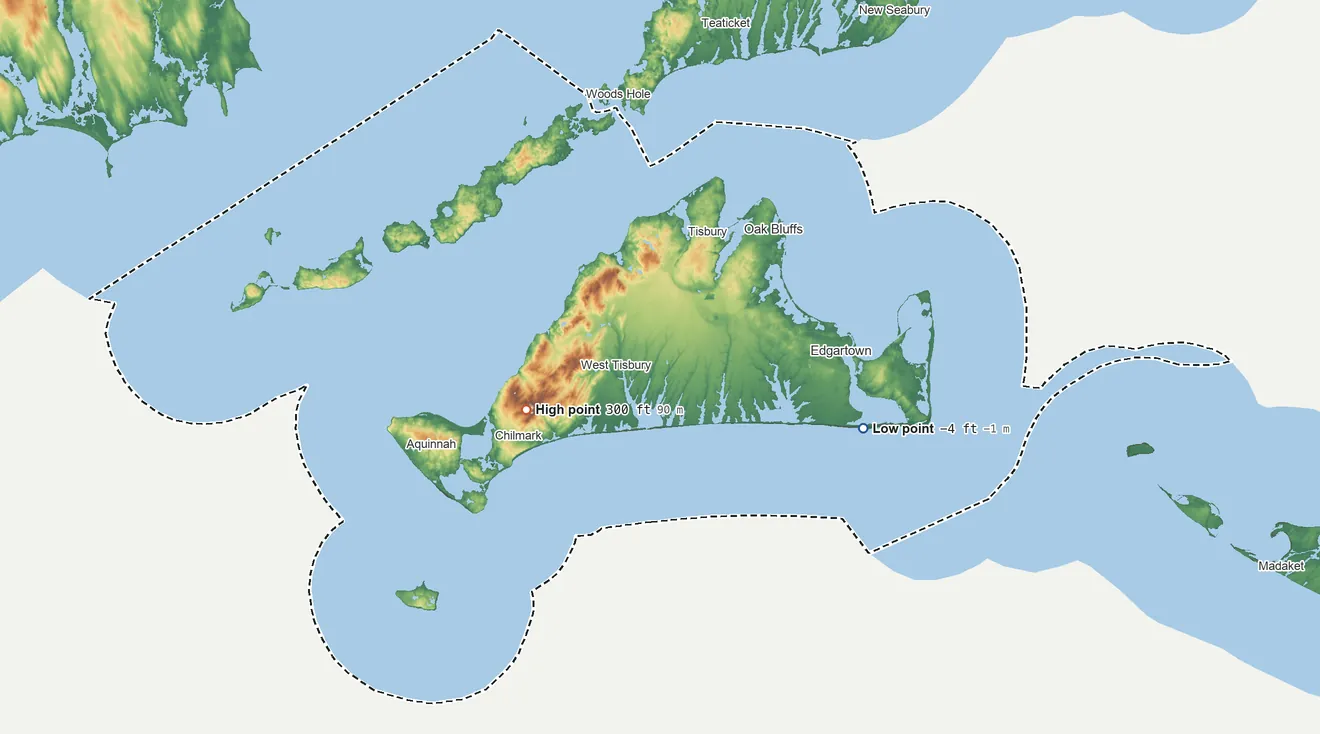 Topographic elevation map of Dukes County, Massachusetts, shaded from 4 ft below sea level on the east side to 300 ft on Peaked Hill