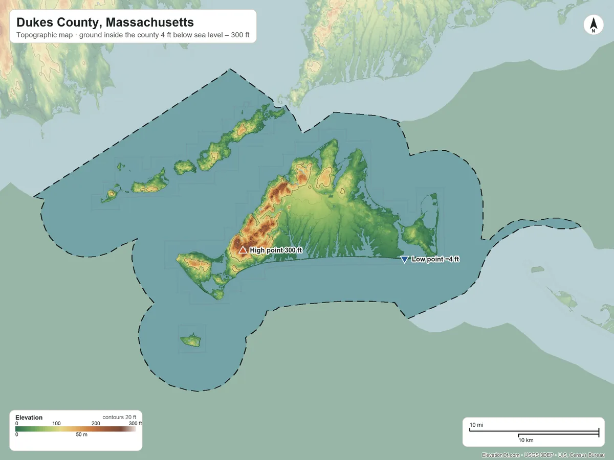 Topographic elevation map of Dukes County, Massachusetts, shaded from 4 ft below sea level on the east side to 300 ft on Peaked Hill