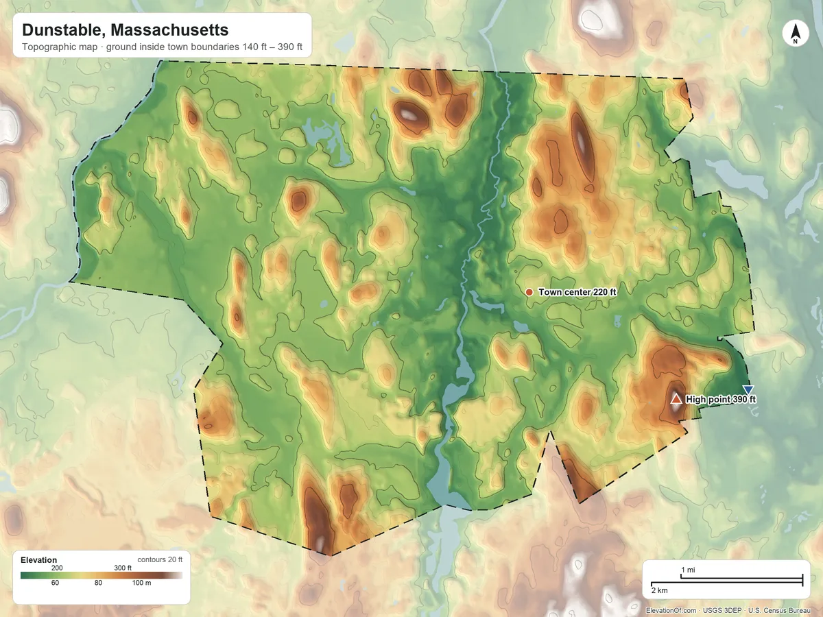 Topographic elevation map of Dunstable, Massachusetts, shaded from 140 ft on the southeast side to 390 ft on Forest Hill
