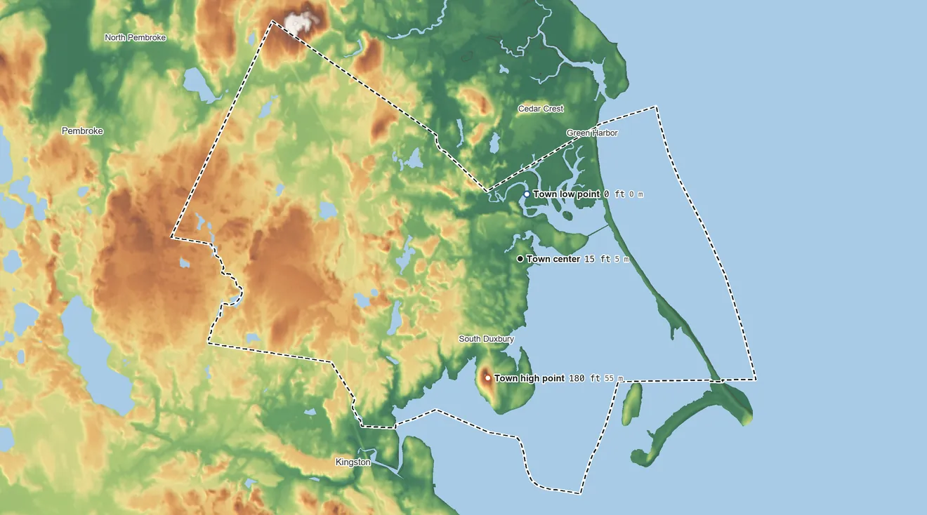 Topographic elevation map of Duxbury, Massachusetts, shaded from sea level level on Duxbury Bay to 180 ft on Captains Hill