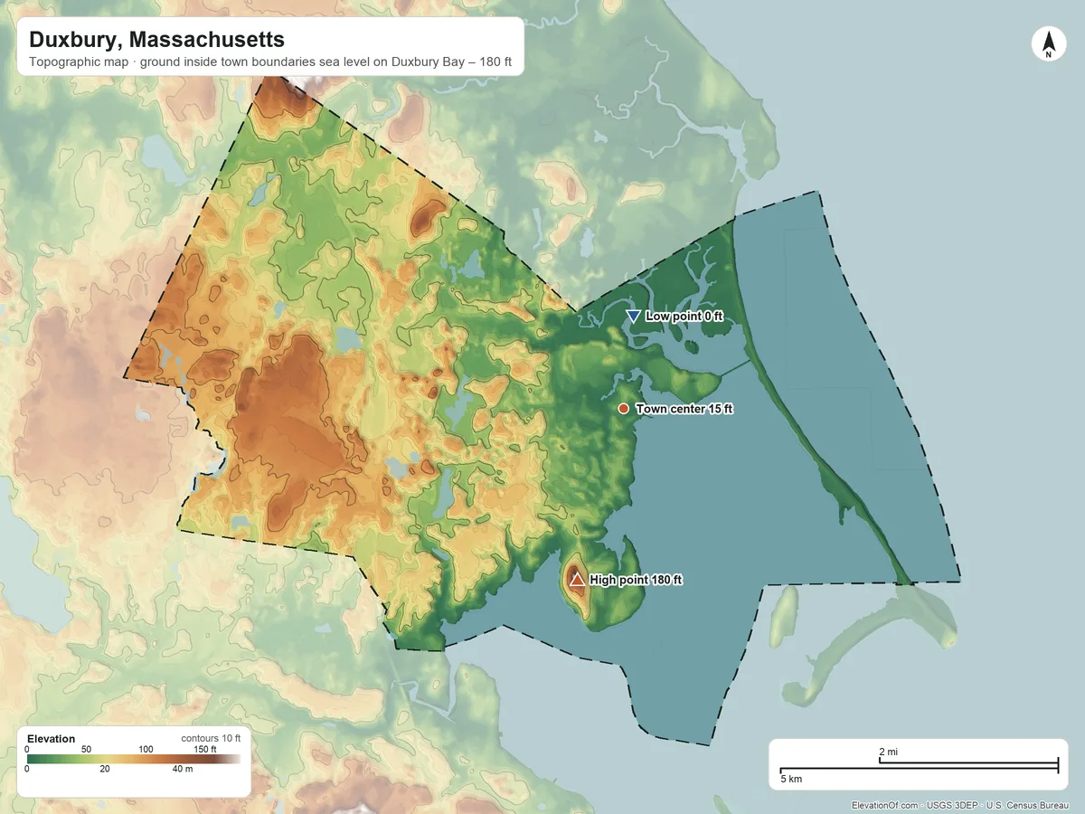 Topographic elevation map of Duxbury, Massachusetts, shaded from sea level level on Duxbury Bay to 180 ft on Captains Hill