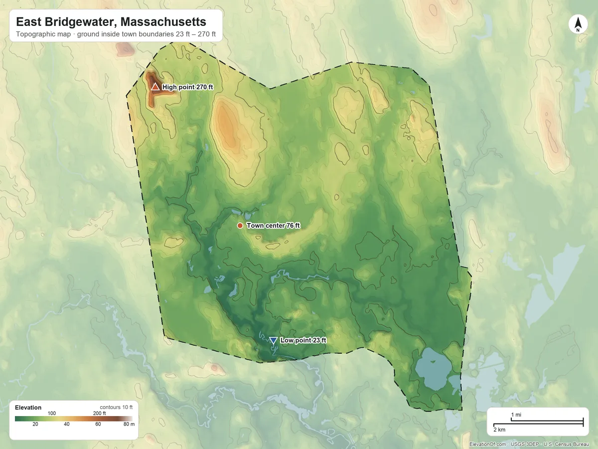 Topographic elevation map of East Bridgewater, Massachusetts, shaded from 23 ft on the south side to 270 ft on the northwest side